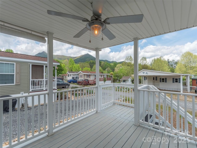 219 Pike Pt, Waynesville, NC 28785 - wooden deck featuring a ceiling fan, a mountain view, and a residential view