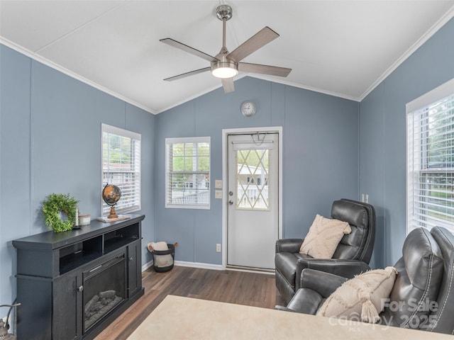 219 Pike Pt, Waynesville, NC 28785 - sitting room with vaulted ceiling, ornamental molding, dark wood-style floors, and a ceiling fan