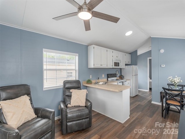 219 Pike Pt, Waynesville, NC 28785 - kitchen with a peninsula, white appliances, ceiling fan, light countertops, and baseboards
