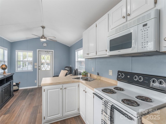 219 Pike Pt, Waynesville, NC 28785 - kitchen with a peninsula, dark wood-style flooring, a sink, and white appliances