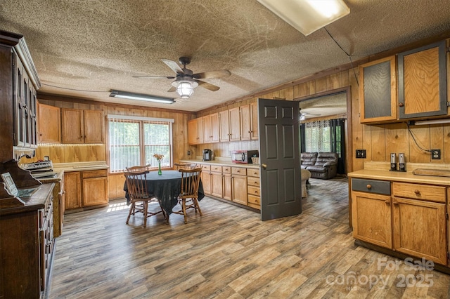 1533 Mcrary Creek Rd, Lenoir, NC 28645 - kitchen with wooden walls, a ceiling fan, healthy amount of natural light, stainless steel microwave, and wood finished floors