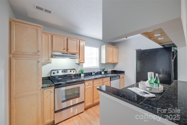 kitchen featuring stainless steel range with electric stovetop, light brown cabinets, under cabinet range hood, freestanding refrigerator, and dishwasher