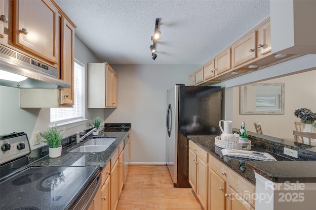 2209 Sumner Green Ave Unit M, Charlotte, NC 28203 - kitchen with appliances with stainless steel finishes, under cabinet range hood, light wood-type flooring, light brown cabinets, and a textured ceiling
