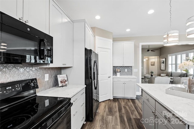 kitchen featuring ceiling fan, white cabinets, dark wood finished floors, backsplash, and black appliances
