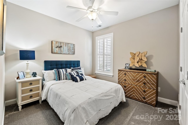 bedroom with dark carpet, baseboards, ceiling fan, and visible vents