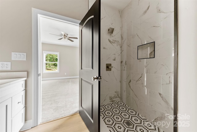 213 Benfield Rd, Kings Mountain, NC 28086 - bathroom with a tile shower, vanity, and ceiling fan