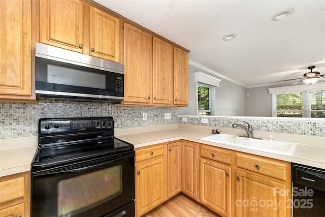 4700 Hickory Grove Rd, Mount Holly, NC 28120 - kitchen featuring black appliances, a sink, crown molding, plenty of natural light, and light countertops