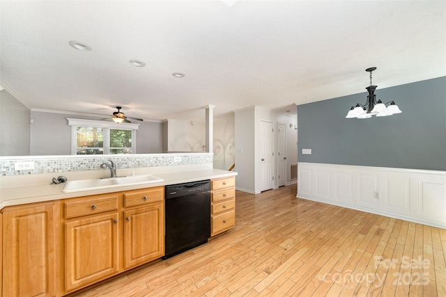 4700 Hickory Grove Rd, Mount Holly, NC 28120 - kitchen featuring a sink, dishwasher, ornamental molding, tasteful backsplash, and light wood finished floors