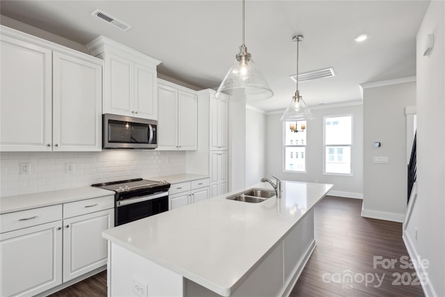 2013 Clarksdale Dr Unit 38, Charlotte, NC 28206 - kitchen with stainless steel microwave, electric stove, a sink, backsplash, and ornamental molding