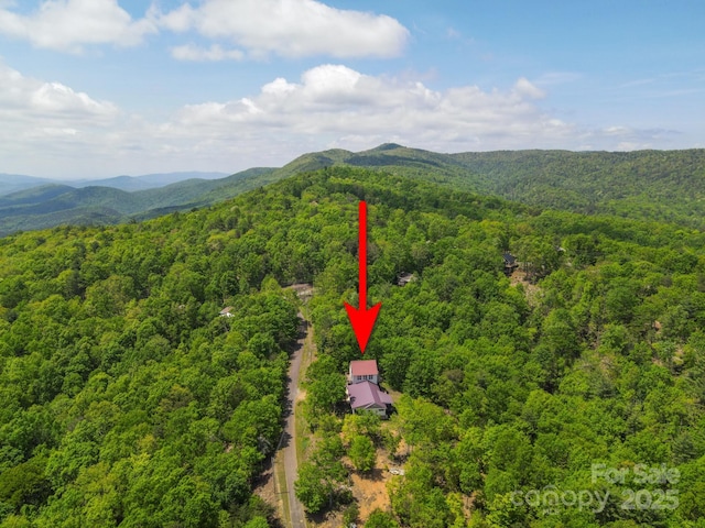 aerial view featuring a mountain view and a wooded view