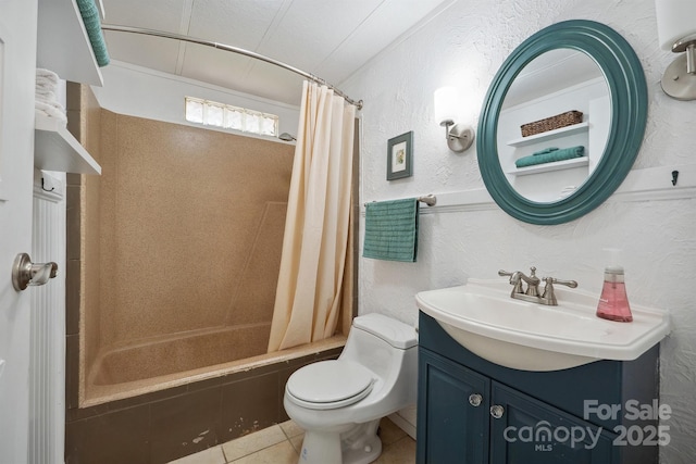 bathroom featuring vanity, tile patterned flooring, a textured wall, toilet, and shower / bathtub combination with curtain