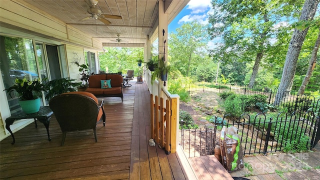 3181 Shag Bark Rd, Connelly Springs, NC 28612 - wooden deck featuring ceiling fan and an outdoor living space