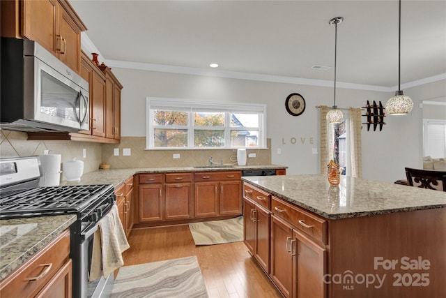 282 Fischer Rd, Fort Mill, SC 29175 - kitchen with stainless steel appliances, a sink, light wood-type flooring, brown cabinets, and crown molding