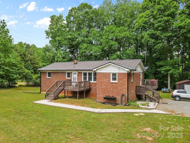 1792 Hoffman Rd, Gastonia, NC 28054 - rear view of property with stairway, brick siding, a wooden deck, and a lawn