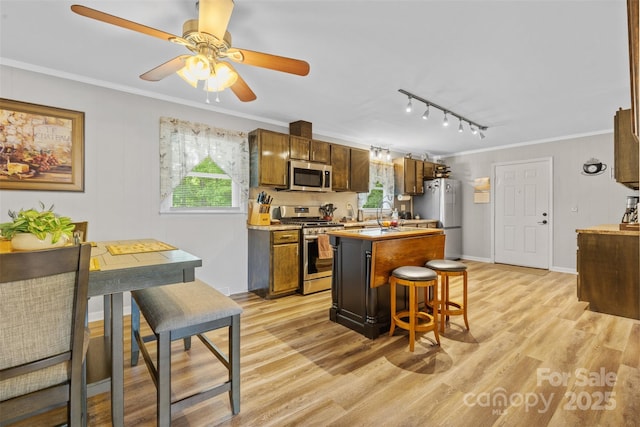 1792 Hoffman Rd, Gastonia, NC 28054 - kitchen featuring appliances with stainless steel finishes, track lighting, light wood-style floors, healthy amount of natural light, and ornamental molding