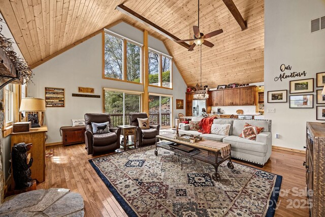 living room featuring high vaulted ceiling, wooden ceiling, a ceiling fan, light wood-style flooring, and a wealth of natural light