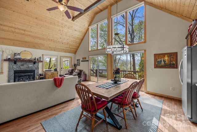 dining room featuring high vaulted ceiling, wooden ceiling, light wood-style flooring, and a stone fireplace