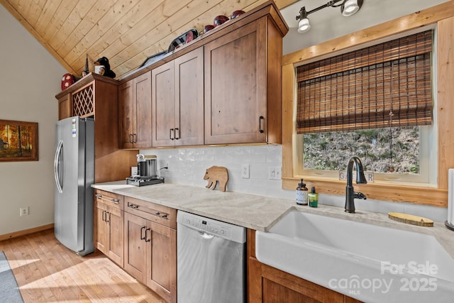 kitchen featuring wood ceiling, appliances with stainless steel finishes, tasteful backsplash, light wood-type flooring, and a sink