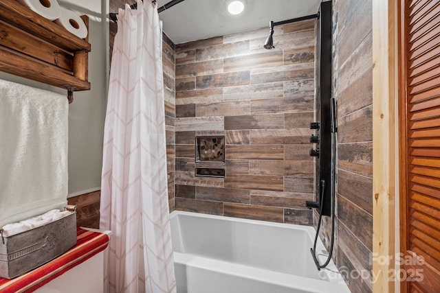 full bath featuring shower / bathtub combination with curtain