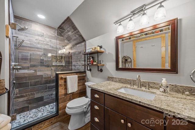 bathroom featuring vanity, a stall shower, and toilet