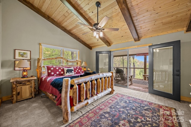 carpeted bedroom featuring wooden ceiling, multiple windows, beamed ceiling, and access to exterior