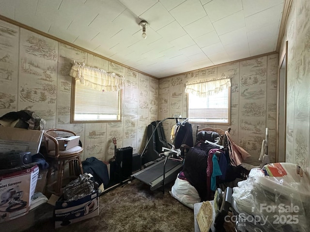 miscellaneous room with crown molding and wallpapered walls