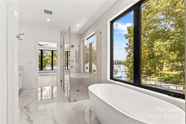 242 Shoreline Loop, Mooresville, NC 28117 - full bathroom with healthy amount of natural light, a freestanding tub, a stall shower, marble tiled flooring, and recessed lighting