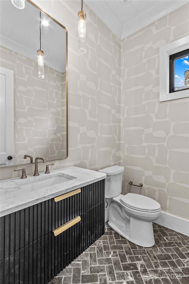 242 Shoreline Loop, Mooresville, NC 28117 - half bath featuring wallpapered walls, vanity, and brick patterned flooring