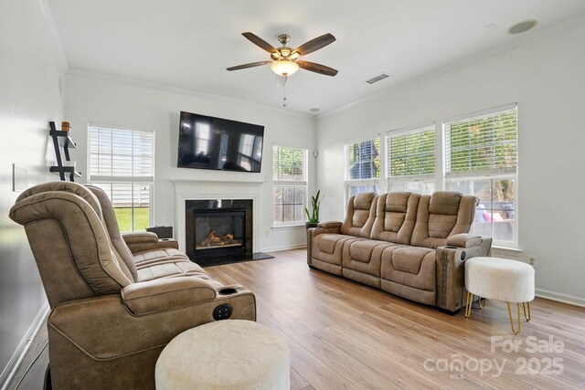 8833 Cavonnier Ln, Charlotte, NC 28216 - living room featuring a ceiling fan, light wood-style floors, crown molding, a glass covered fireplace, and baseboards