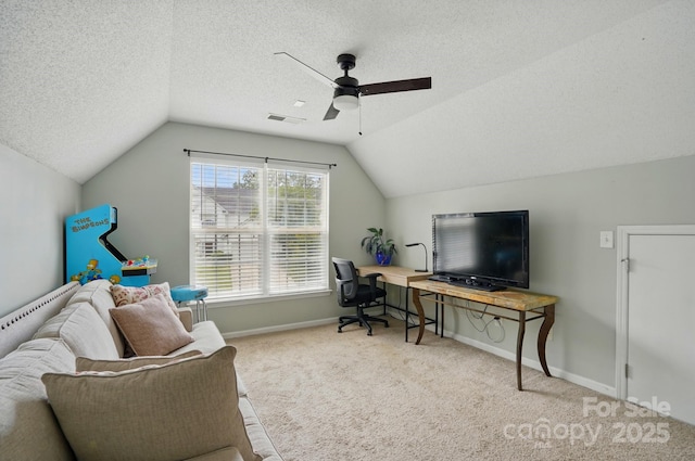 8833 Cavonnier Ln, Charlotte, NC 28216 - carpeted home office featuring a ceiling fan, lofted ceiling, baseboards, and a textured ceiling