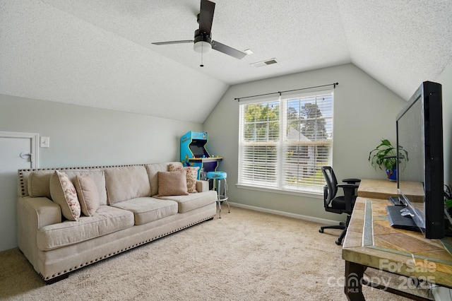 8833 Cavonnier Ln, Charlotte, NC 28216 - carpeted home office featuring ceiling fan, vaulted ceiling, a textured ceiling, and baseboards