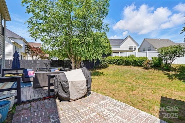 8833 Cavonnier Ln, Charlotte, NC 28216 - view of patio featuring an outdoor living space, a wooden deck, and area for grilling