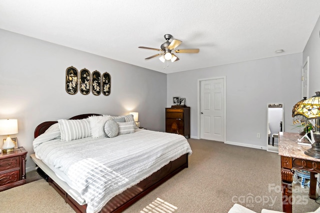bedroom featuring baseboards, ceiling fan, and light carpet