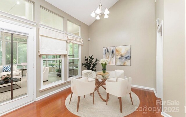 dining room featuring wood finished floors, high vaulted ceiling, a chandelier, plenty of natural light, and baseboards