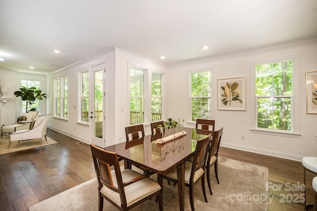 16432 Here At Last Ln, Charlotte, NC 28278 - dining area with dark wood-type flooring, ornamental molding, baseboards, and recessed lighting
