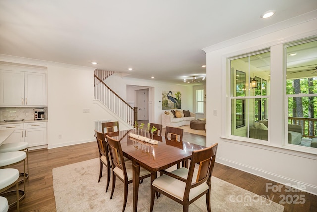 16432 Here At Last Ln, Charlotte, NC 28278 - dining space featuring stairs, a ceiling fan, baseboards, recessed lighting, and wood finished floors
