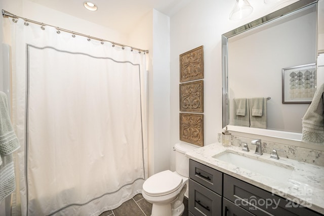 16432 Here At Last Ln, Charlotte, NC 28278 - full bathroom featuring a shower with curtain, tile patterned flooring, vanity, toilet, and recessed lighting