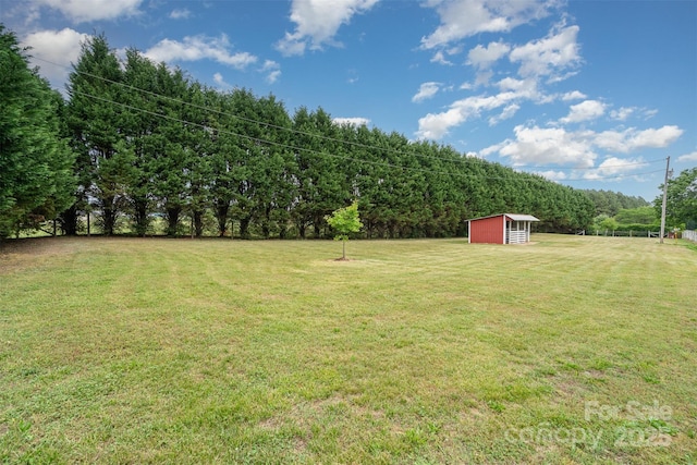 view of yard with a shed, an outbuilding, and a view of trees