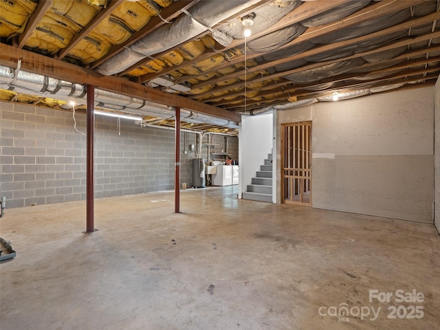66 Avondale Heights Rd, Asheville, NC 28803 - unfinished below grade area with water heater, stairway, and washer / clothes dryer