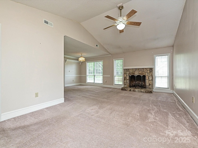 2919 Peachwood Ct, Fort Mill, SC 29715 - unfurnished living room with carpet, ceiling fan, a fireplace, baseboards, and high vaulted ceiling