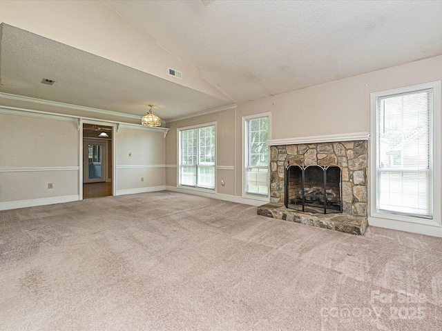 2919 Peachwood Ct, Fort Mill, SC 29715 - unfurnished living room featuring carpet flooring, a textured ceiling, a fireplace, baseboards, and vaulted ceiling