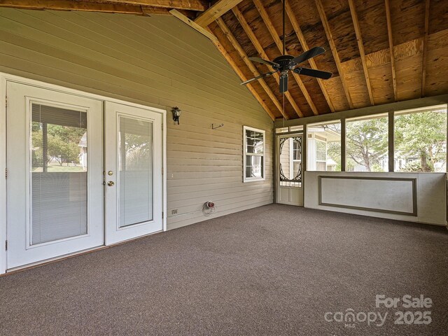 2919 Peachwood Ct, Fort Mill, SC 29715 - unfurnished sunroom featuring lofted ceiling, a ceiling fan, and french doors