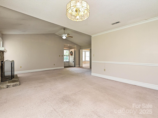 2919 Peachwood Ct, Fort Mill, SC 29715 - unfurnished living room with a ceiling fan, carpet flooring, a stone fireplace, baseboards, and lofted ceiling