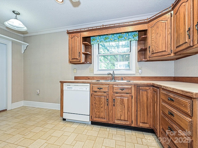 2919 Peachwood Ct, Fort Mill, SC 29715 - kitchen featuring dishwasher, open shelves, a sink, ornamental molding, and brown cabinetry