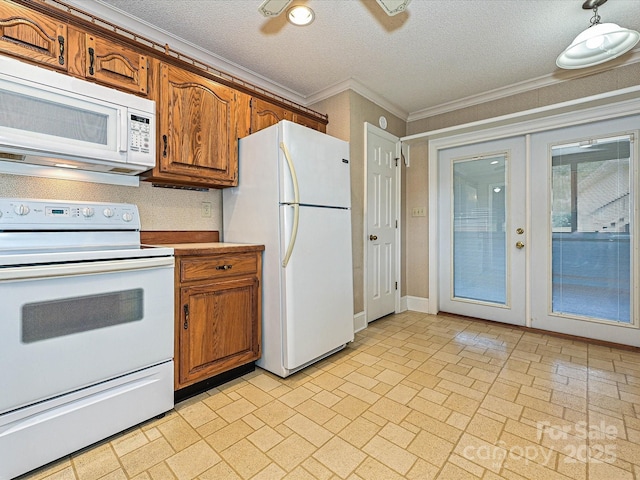 2919 Peachwood Ct, Fort Mill, SC 29715 - kitchen with white appliances, brick patterned flooring, crown molding, french doors, and brown cabinets