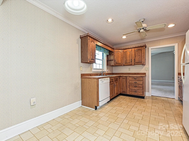 2919 Peachwood Ct, Fort Mill, SC 29715 - kitchen with white dishwasher, crown molding, brick patterned flooring, baseboards, and brown cabinetry