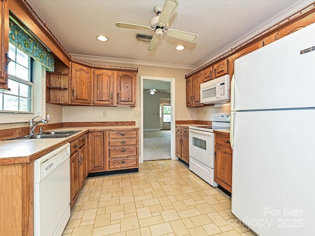 2919 Peachwood Ct, Fort Mill, SC 29715 - kitchen featuring white appliances, a sink, a ceiling fan, open shelves, and healthy amount of natural light