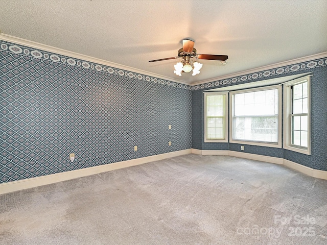 2919 Peachwood Ct, Fort Mill, SC 29715 - spare room featuring crown molding, ceiling fan, carpet floors, a textured ceiling, and baseboards