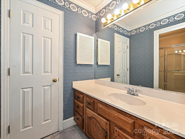 2919 Peachwood Ct, Fort Mill, SC 29715 - full bathroom with ornamental molding, vanity, a shower with door, and baseboards