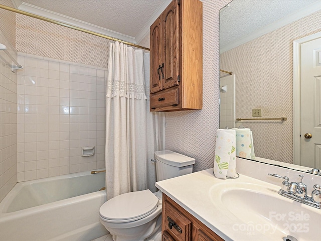 2919 Peachwood Ct, Fort Mill, SC 29715 - bathroom with ornamental molding, a textured ceiling, toilet, shower / bath combo with shower curtain, and vanity